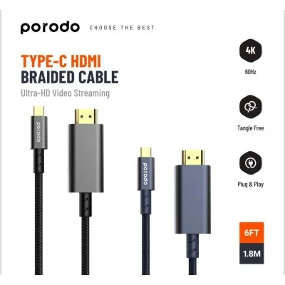 Porodo Type-C Hdmi Braided Cable Ultra-Hd Video Streaming 1.8M/6Ft